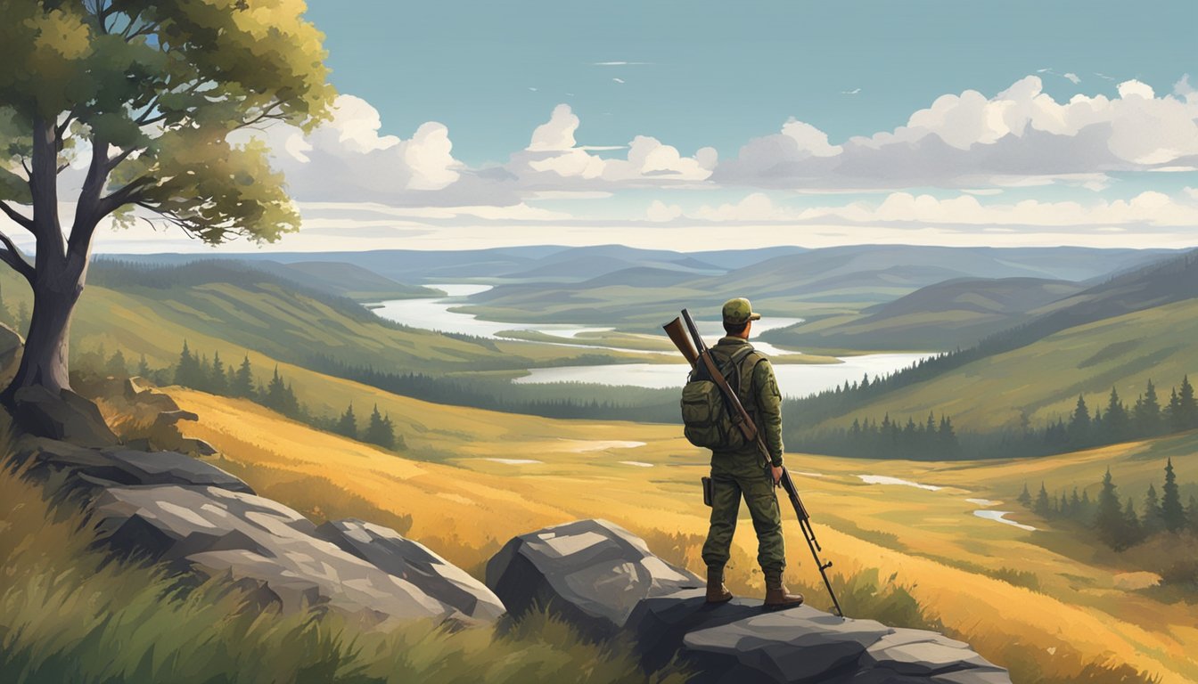 A vast, rugged landscape with rolling hills, forests, and a river. A hunter in camouflage stands with a rifle, while political signs dot the horizon