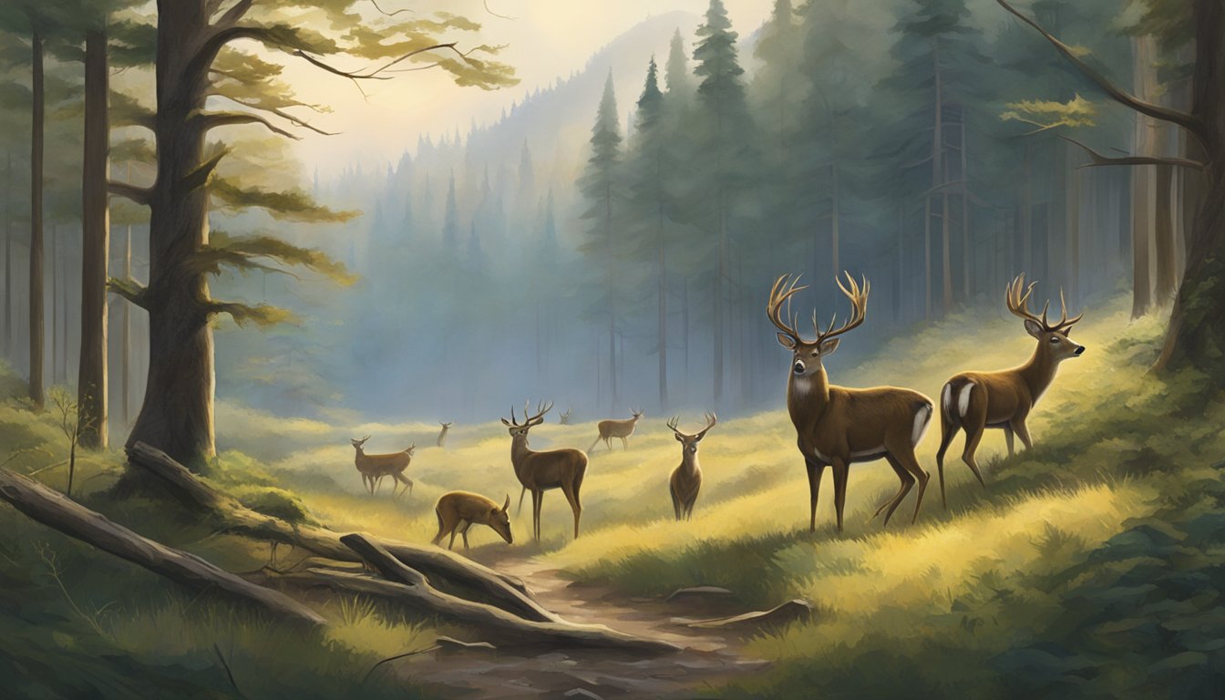 A serene forest setting with a deer peacefully grazing, while in the distance, a group of hunters engage in a respectful and sustainable hunting practice