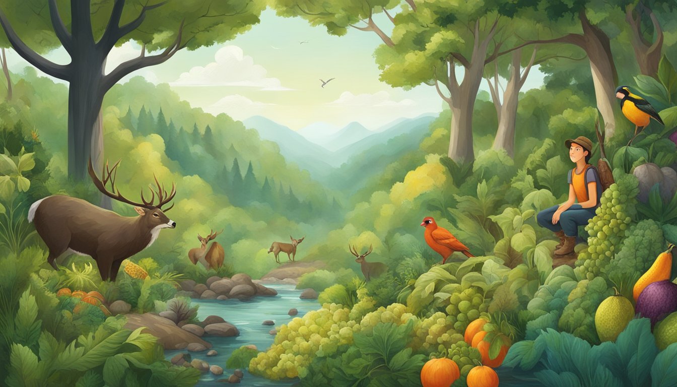 A lush forest with diverse wildlife, a hunter using traditional methods, and a gathering of local fruits and vegetables