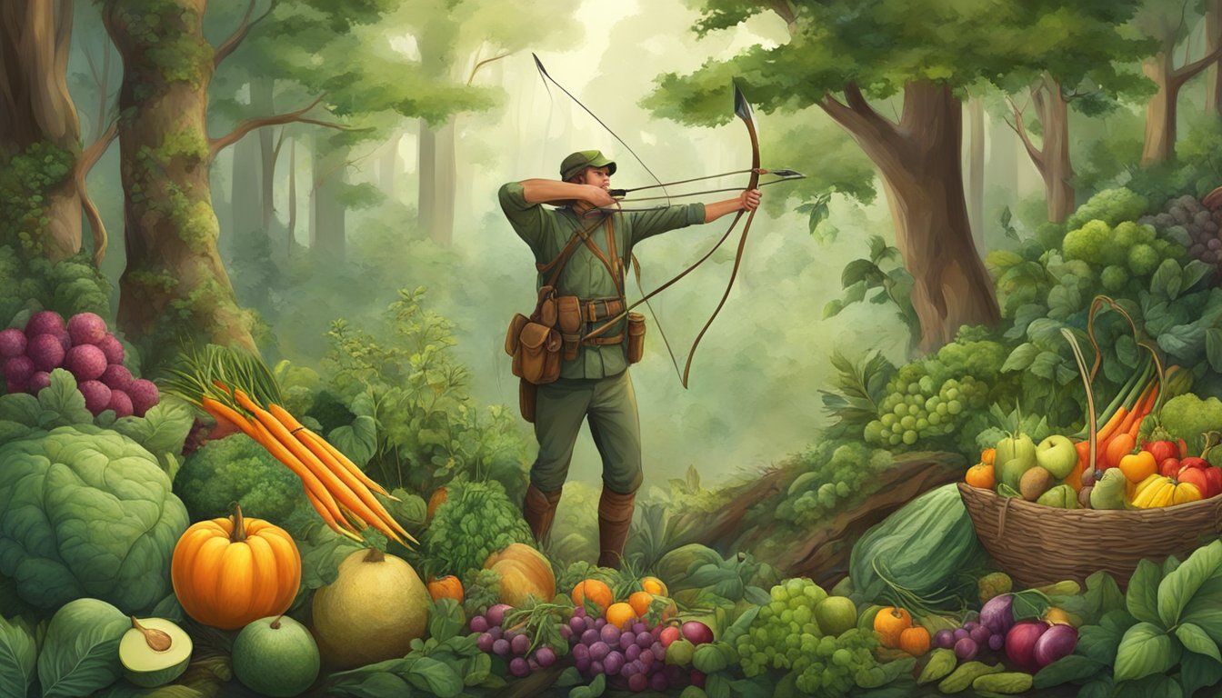 A lush forest with diverse wildlife, a hunter with a bow, and a gathering of foraged fruits and vegetables