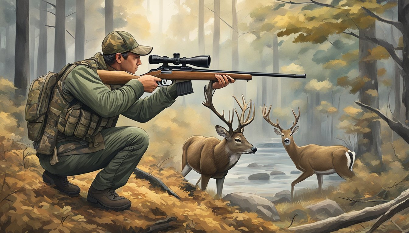 A hunter in camouflage aiming a rifle at a deer in a forest clearing, while political figures debate gun rights and conservation policies in the background