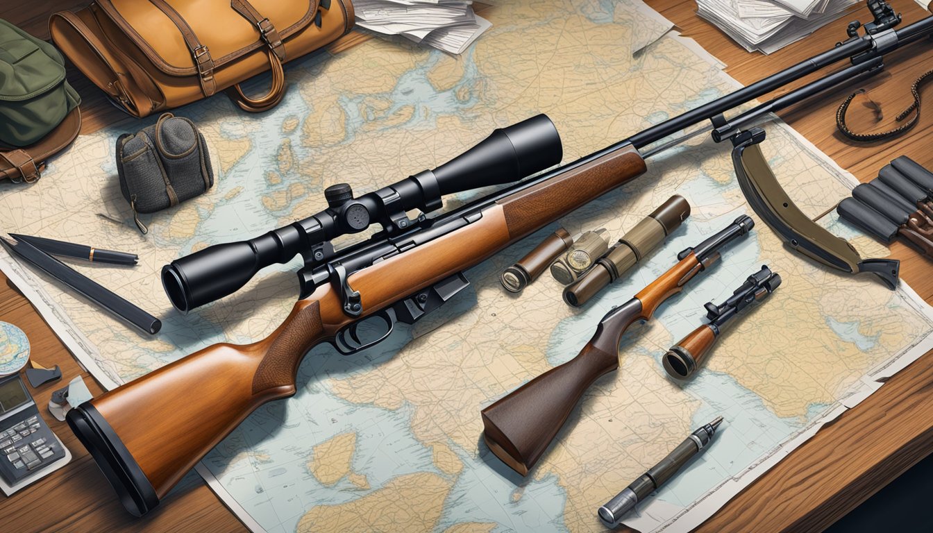 A hunter's rifle and accessories laid out on a wooden table, surrounded by maps and political documents. The scene depicts the intersection of firearm technology, hunting, and political decision-making