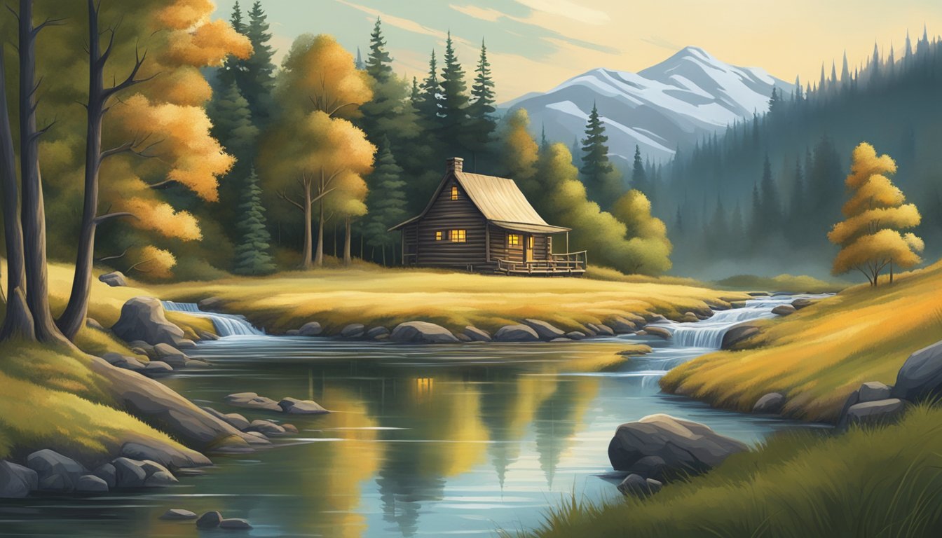 A peaceful forest with wildlife, a clear stream, and a hunter's cabin nestled among the trees