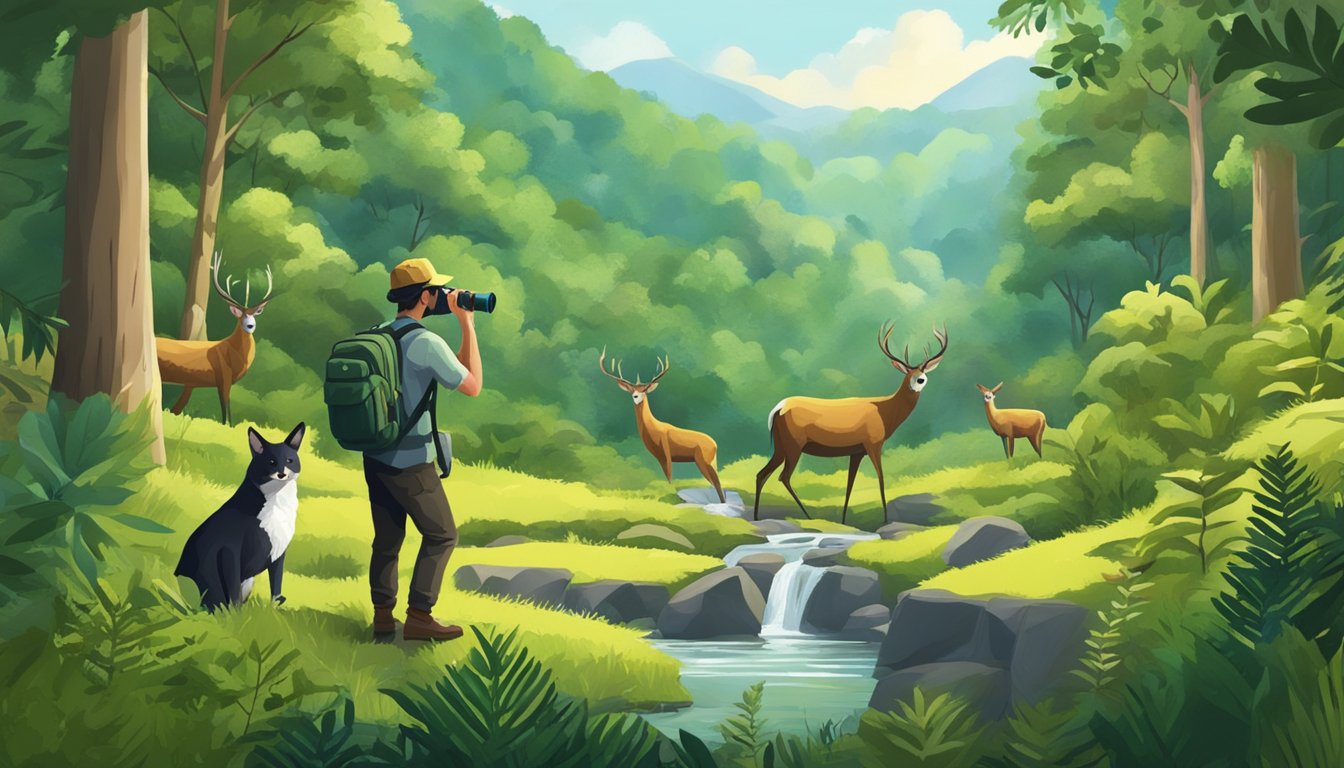 A lush forest with diverse wildlife, a hunter observing with binoculars, and a group of tourists enjoying the natural beauty