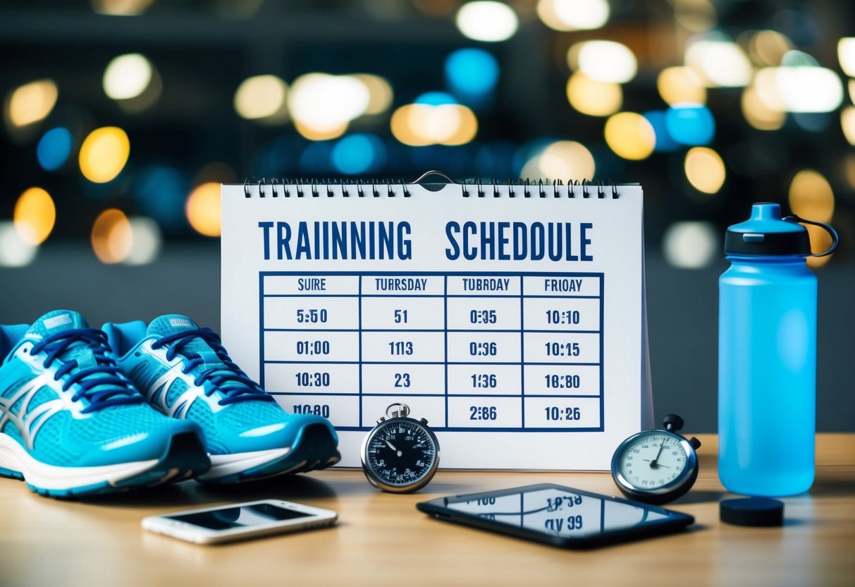 Ein Trainingsplan eines Läufers umgeben von Laufschuhen, einer Wasserflasche und einer Stoppuhr auf einem Tisch