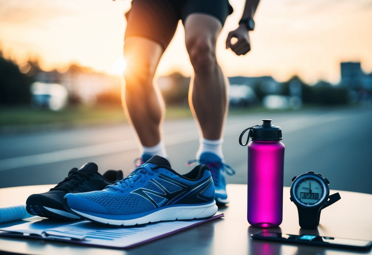 Ein Läufer, der einem Trainingsplan folgt, mit einer Stoppuhr, Wasserflasche und Laufschuhen, die auf einem Tisch ausgelegt sind.