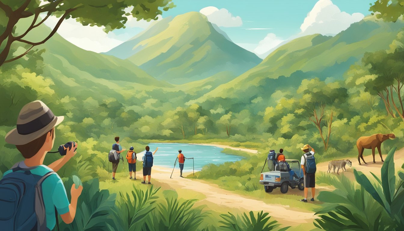 A group of tourists observe wildlife from a distance, while a guide points out different species. The landscape is lush and vibrant, with diverse flora and fauna