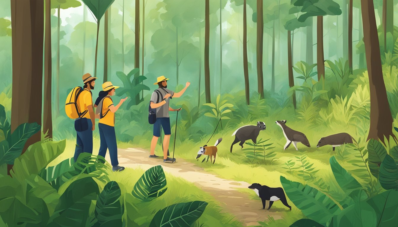 A group of tourists observe wildlife in a lush, biodiverse forest. A guide points out animal tracks while explaining the balance between economic and environmental impacts of ecotourism