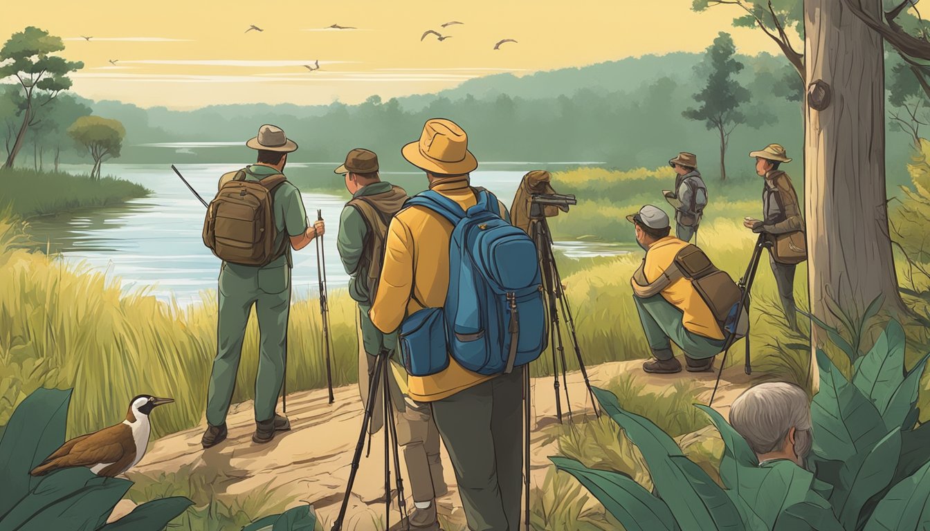 A group of tourists observe wildlife in a natural habitat, while a guide explains the economic and environmental impacts of hunting as ecotourism