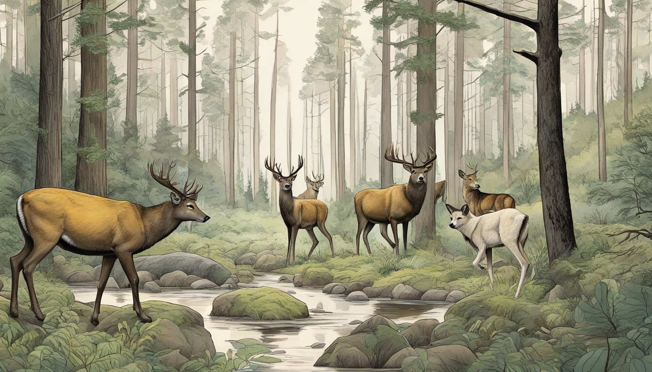 A forest clearing with diverse wildlife, including deer and wolves, coexisting peacefully. The landscape shows signs of both human hunting traditions and predator reintroduction efforts