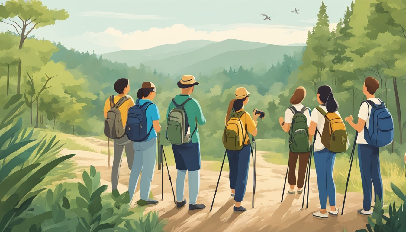 A group of tourists on a guided nature walk, observing wildlife and learning about the local ecosystem from a knowledgeable guide