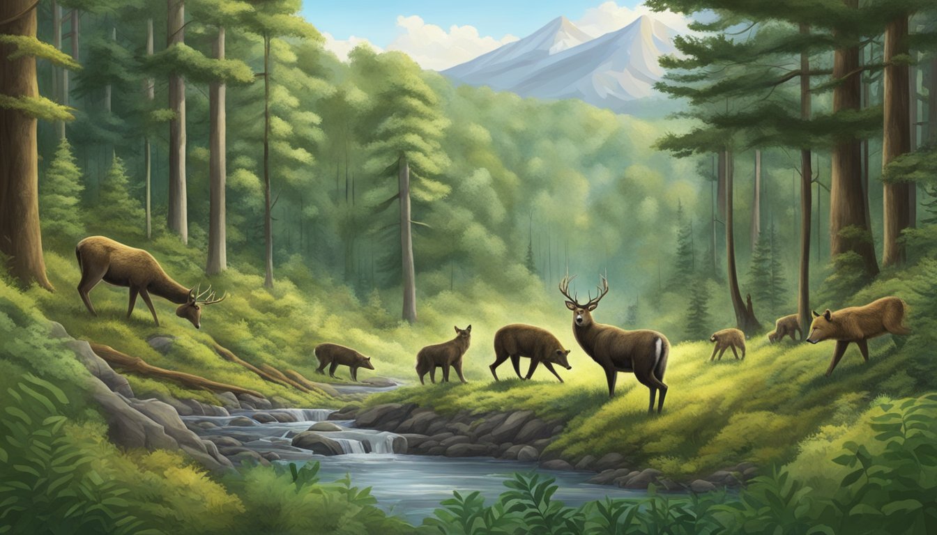 A lush forest with diverse wildlife, including deer, bears, and wolves. A hunter observes from a distance as predators roam freely in their natural habitat