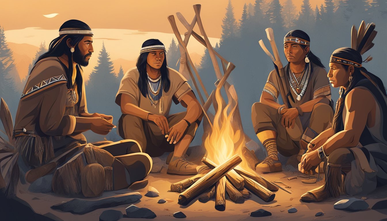 A group of indigenous hunters gather around a sacred fire, surrounded by traditional tools and symbols, as they prepare for a ceremonial hunt