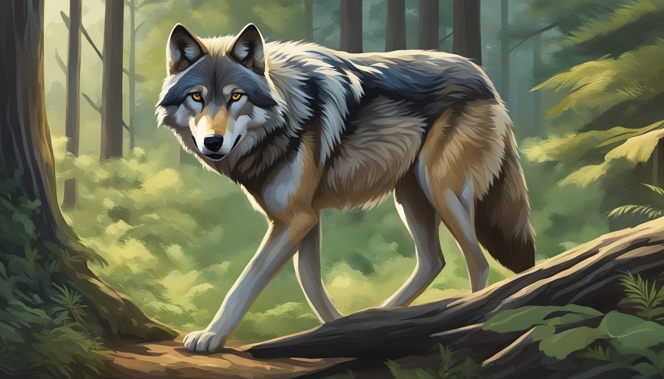 A wild wolf prowls through a forest, its keen eyes scanning the terrain as it moves with purpose and grace. The surrounding landscape is rich with lush vegetation and diverse wildlife