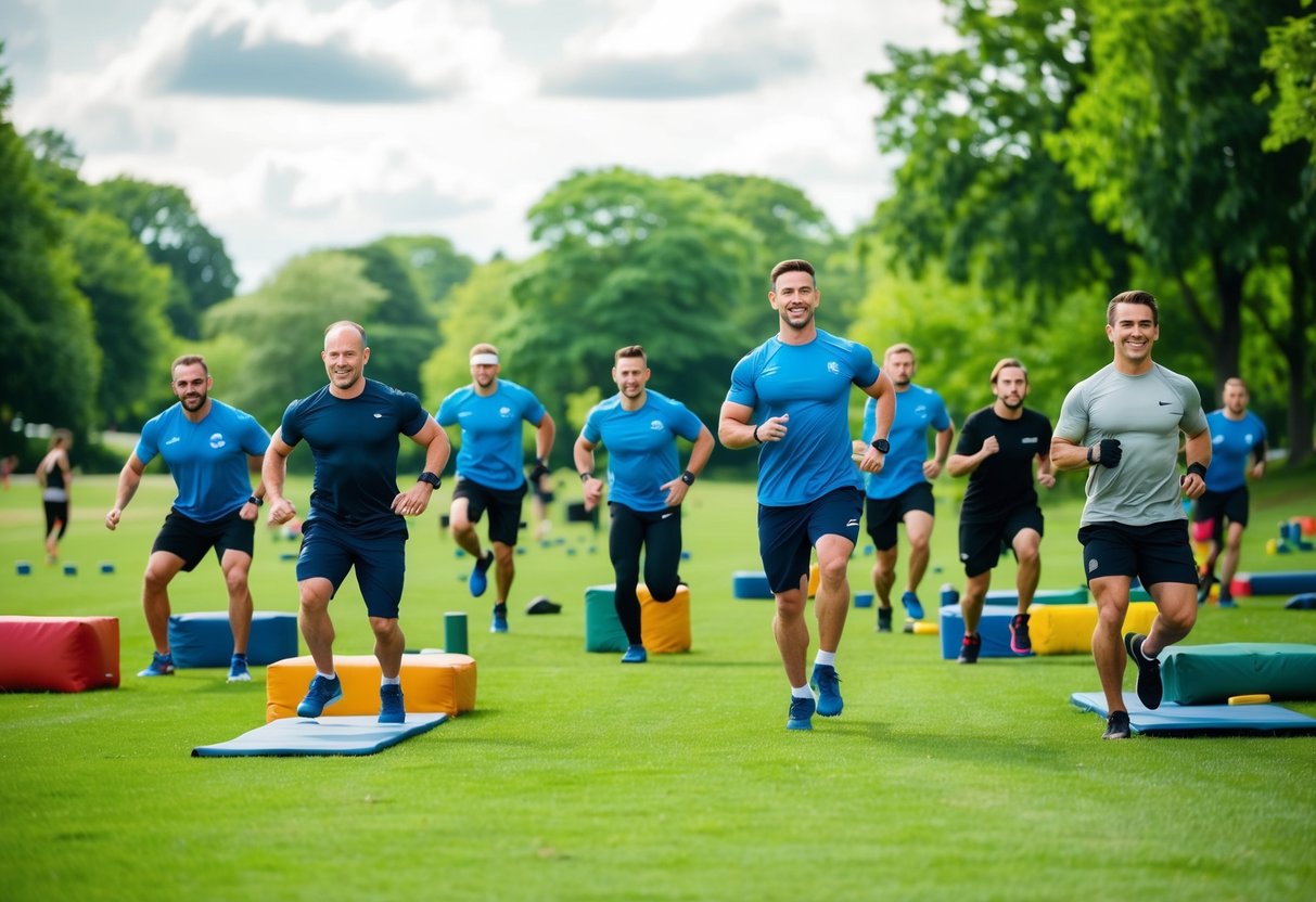 Eine Gruppe von Menschen, die an verschiedenen Outdoor-Trainingsaktivitäten teilnehmen, wie z.B. Hindernisparcours, Teambuilding-Übungen und Fitnessherausforderungen in einer üppigen, grünen Parklandschaft.