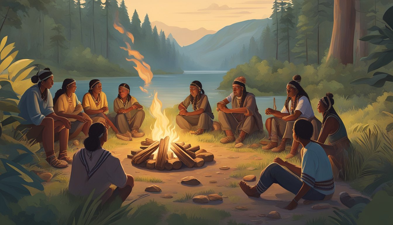 A group of Indigenous people gather around a campfire, sharing traditional stories and passing down knowledge of hunting and cultural practices. The scene is set against a backdrop of lush, natural surroundings