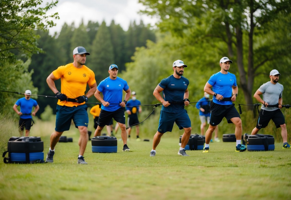 Eine Gruppe von Menschen nimmt an einem Outdoor-Training teil, umgeben von der Natur und mit verschiedenen Geräten.