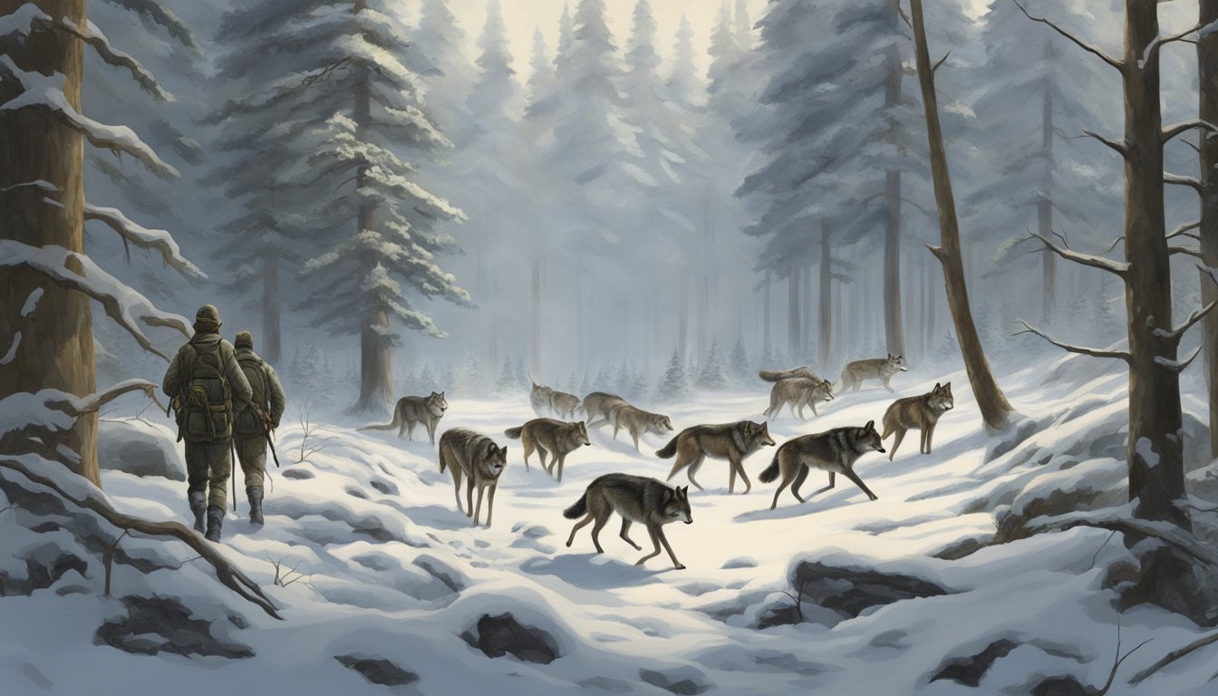 A serene forest clearing with a pack of wolves prowling, while hunters watch from a distance, highlighting the delicate balance between predator reintroduction and traditional hunting