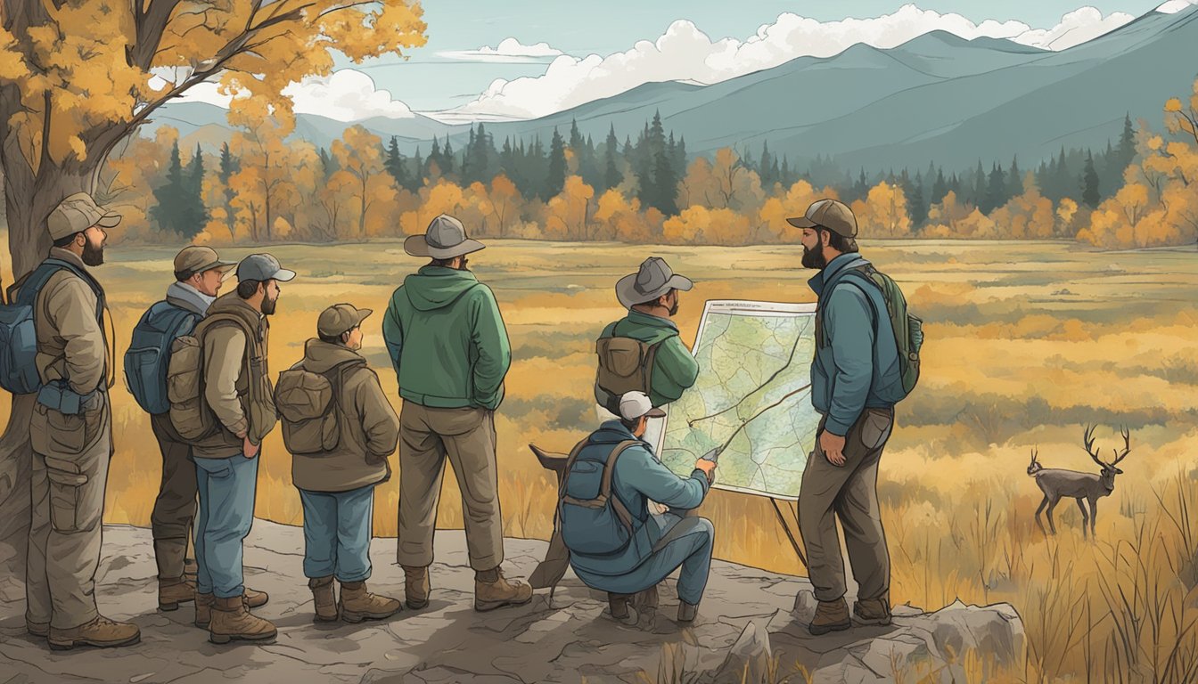 A group of hunters gather around a map, discussing the impact of Chronic Wasting Disease on their community. Empty hunting grounds and worried faces convey the economic implications