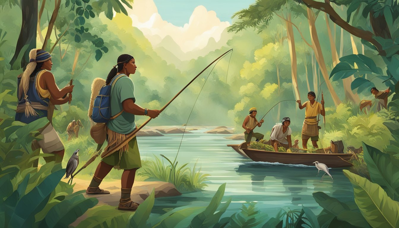 A group of indigenous people hunting and fishing in a lush forest, with traditional tools and clothing, surrounded by vibrant wildlife and natural beauty