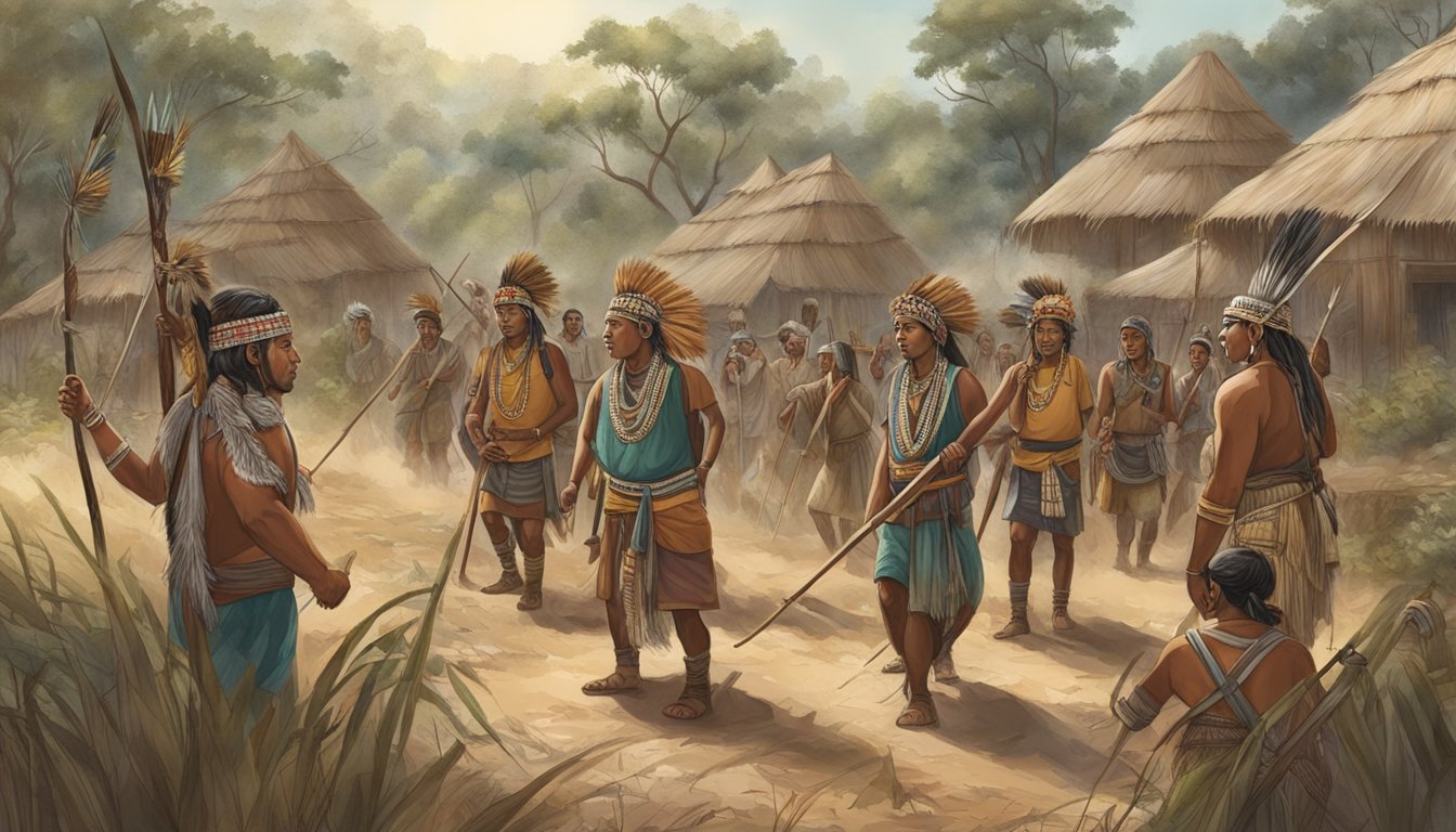 A group of indigenous people engage in a traditional hunting ceremony, surrounded by modern development and encroaching challenges to their cultural practices