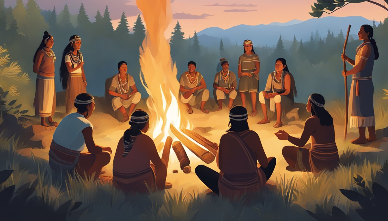 A group of indigenous people gather around a fire, sharing stories and traditional knowledge while surrounded by nature