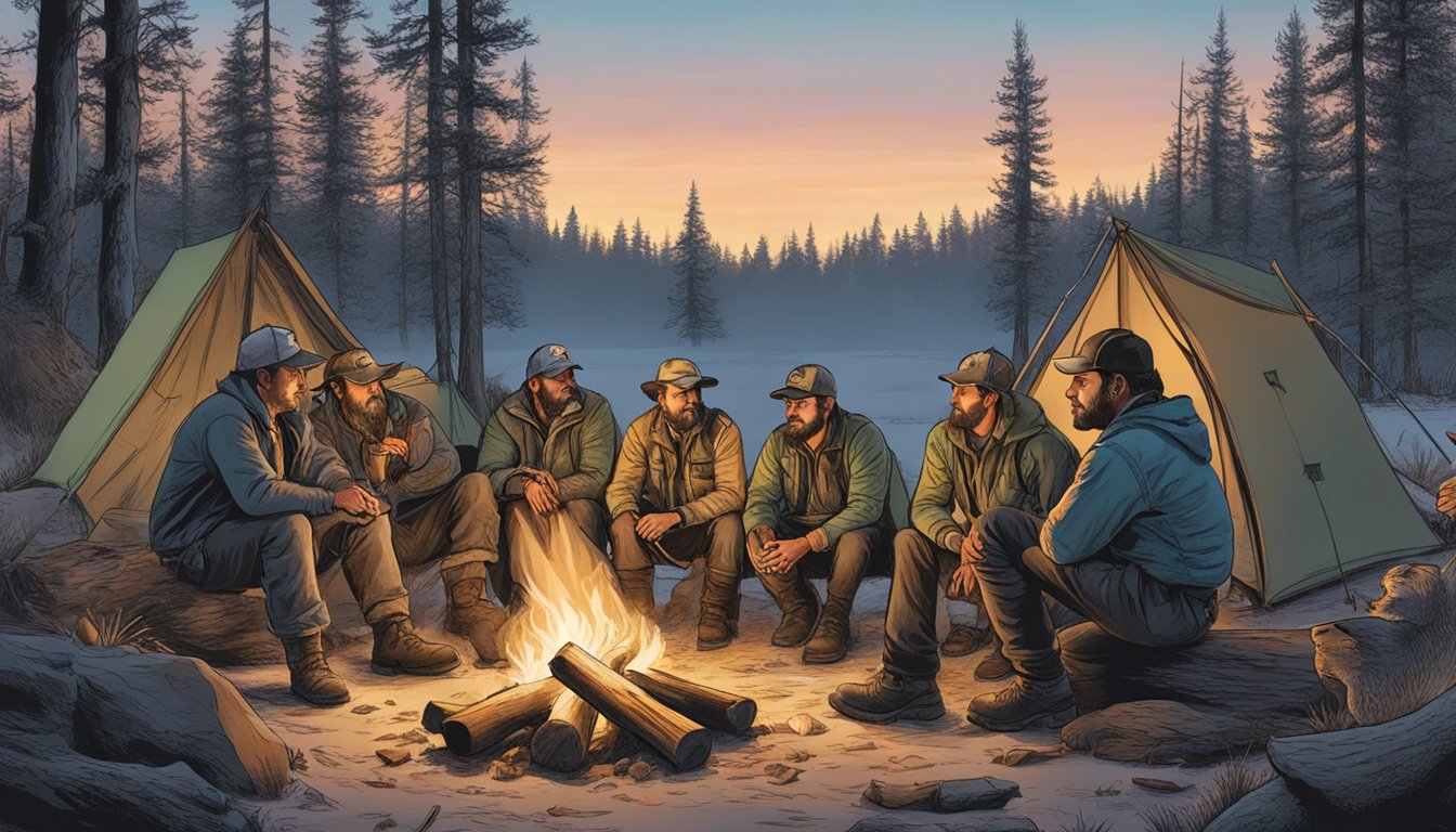 A group of hunters gather around a campfire, their faces etched with concern as they discuss the impact of Chronic Wasting Disease on their community