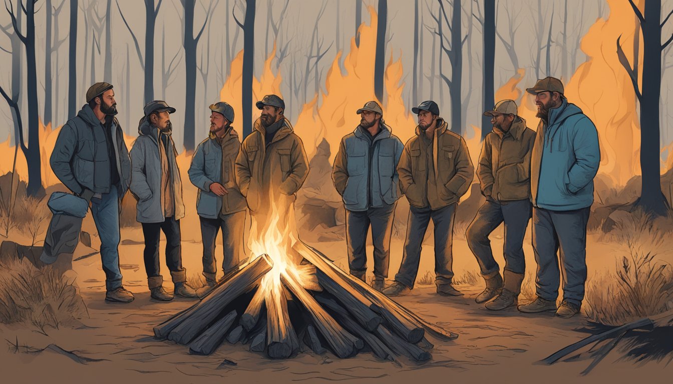 A group of saddened hunters gather around a bonfire, their faces reflecting the impact of Chronic Wasting Disease on their once-thriving community