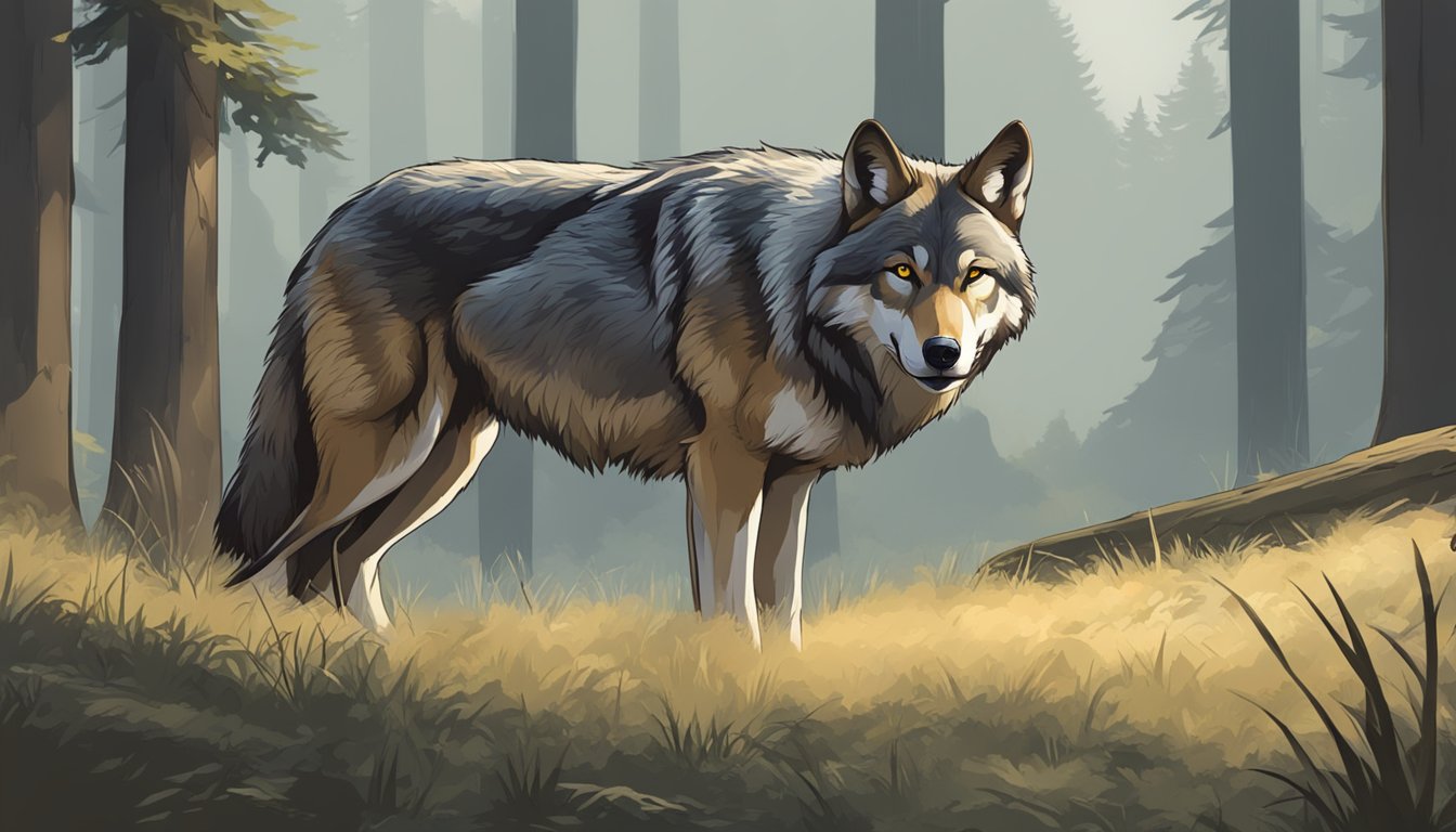 A wolf crouches low, eyes fixed on a grazing deer. Ears perked, muscles tense, ready to pounce