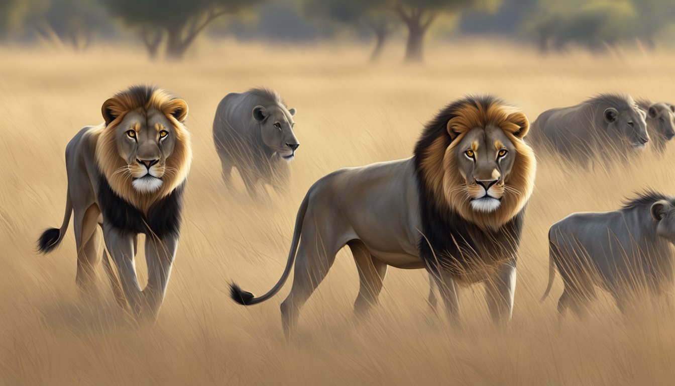 A lion stalking a herd of wildebeest, crouched low in the tall grass, eyes fixed on the unsuspecting prey