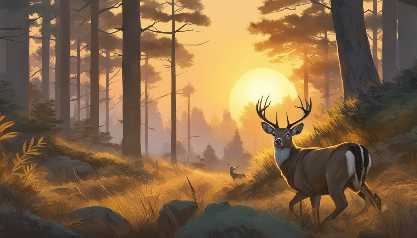 A hunter in camouflage crouches in the forest, rifle in hand, as a deer cautiously approaches a clearing. The sun sets behind the trees, casting a warm golden glow over the scene