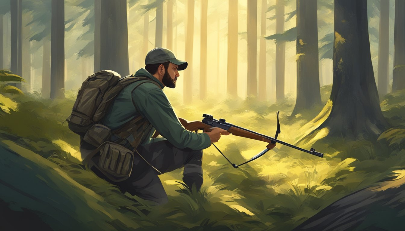 A hunter crouches in a dense forest, bow at the ready, eyes fixed on a distant target. The sun filters through the trees, casting dappled shadows on the forest floor