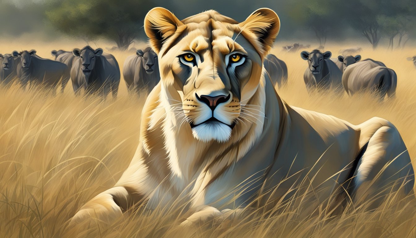 A lioness crouches low in the tall grass, her eyes fixed on a herd of grazing wildebeest. The tension in her muscles is palpable as she waits for the perfect moment to strike