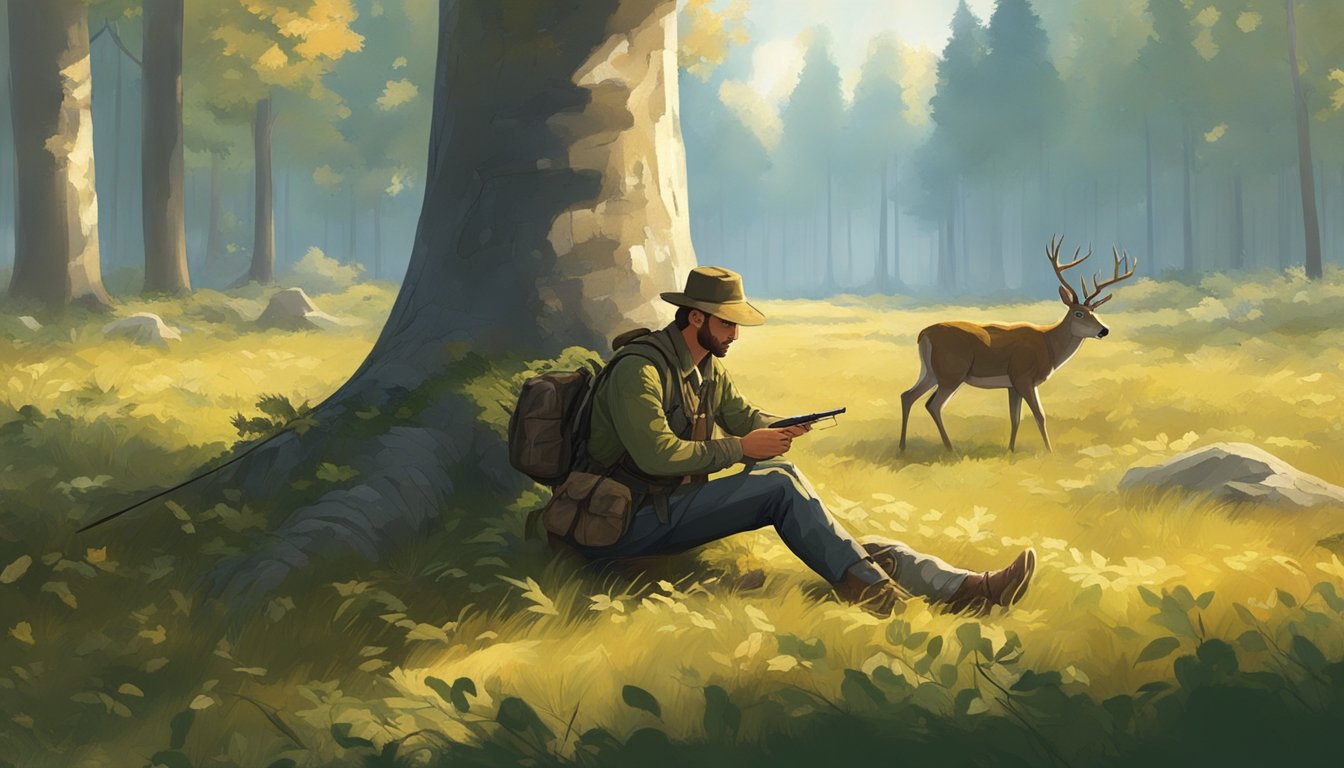 A hunter crouches behind a tree, bow in hand, eyes fixed on a deer grazing in a sun-dappled clearing. The forest is alive with the sounds of birds and rustling leaves