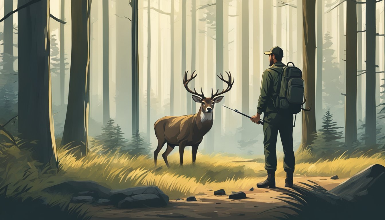 A deer cautiously approaches a pile of bait in a tranquil forest clearing, while a hunter watches from a distance, contemplating the ethics of baiting in modern hunting