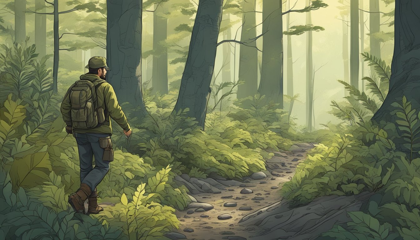 A hunter carefully inspects animal tracks in a dense forest, noting every detail in the surroundings. The scene is filled with intricate foliage and wildlife