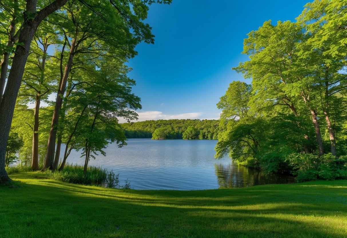 Eine ruhige Naturszene mit einem stillen See, der von üppig grünen Bäumen umgeben ist, und einem klaren blauen Himmel darüber.