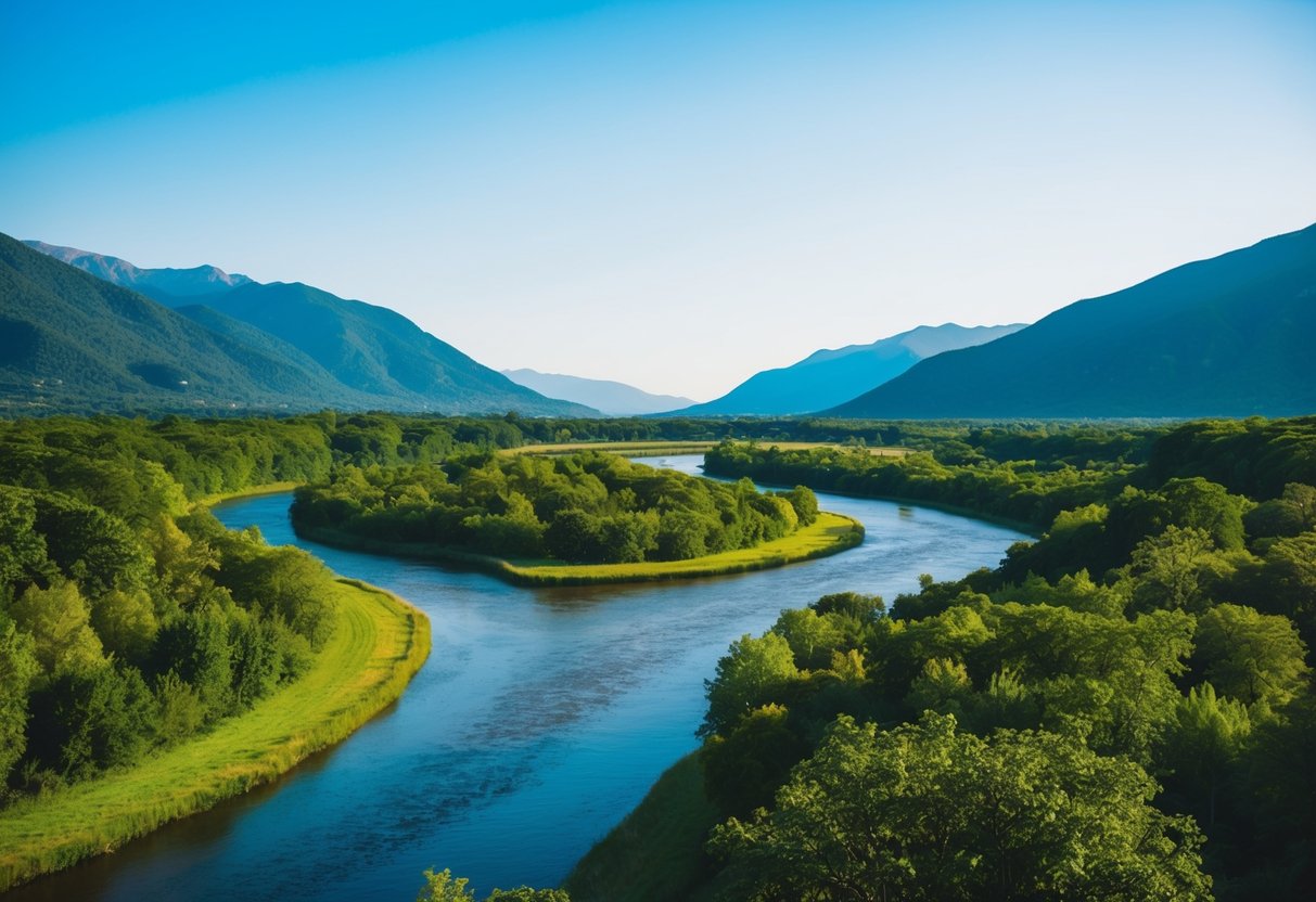 Eine friedliche Landschaft mit einem gewundenen Fluss und üppigem Grün, umgeben von Bergen, unter einem klaren blauen Himmel.