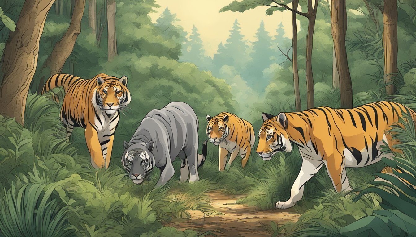 A group of animals stalking through the dense forest, their eyes focused and determined as they search for their prey