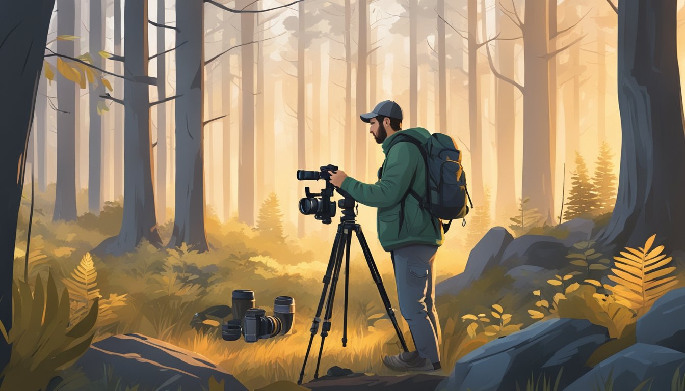 A wildlife photographer adjusts camera settings in a forest clearing at dawn, surrounded by hunting gear and a tripod