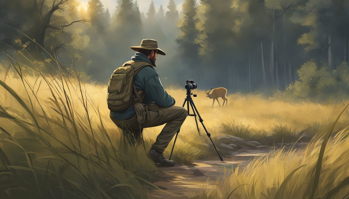 A lone hunter crouches in tall grass, camera poised on a tripod, waiting for the perfect shot of a majestic deer in a natural setting