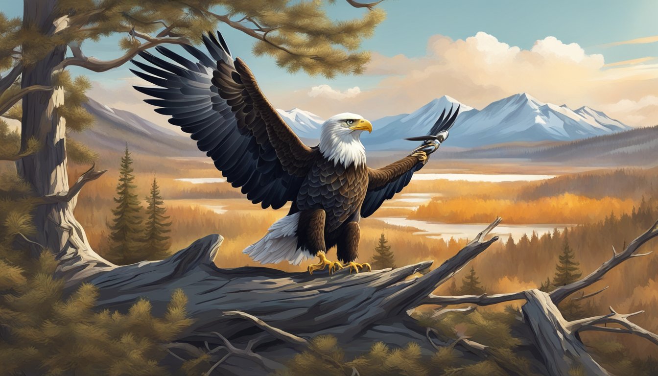 A hunter crouches behind a camouflage blind, aiming a telephoto lens at a majestic bald eagle perched on a branch