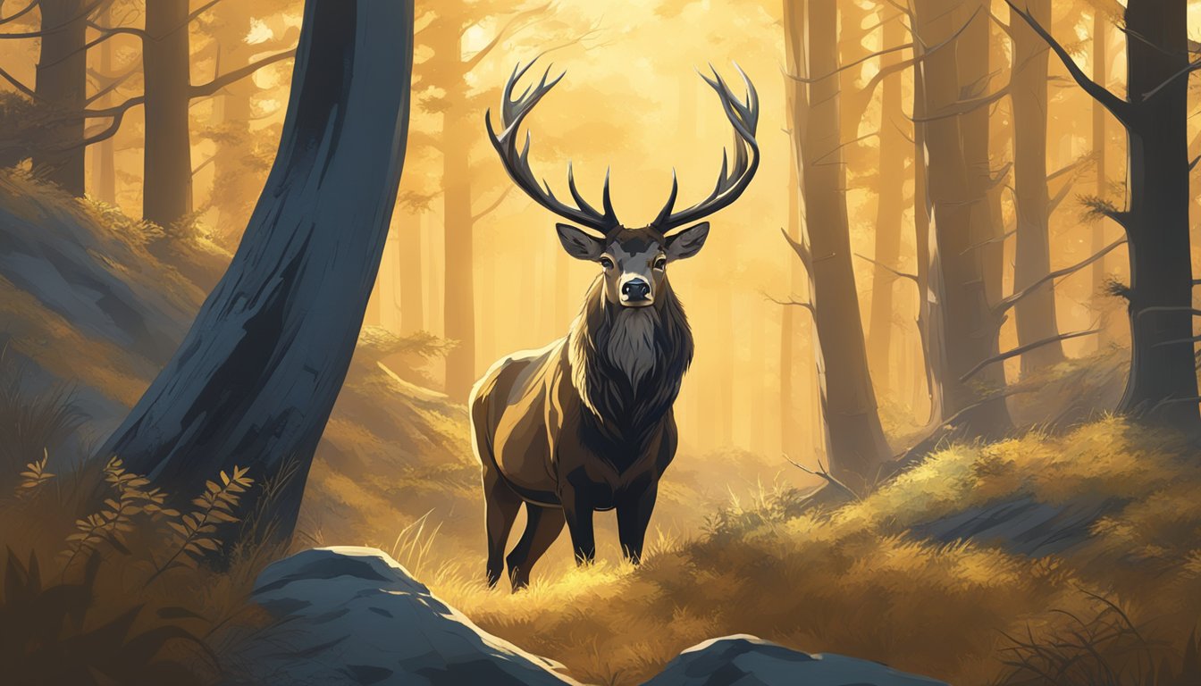 A lone hunter crouches in the underbrush, camera poised, capturing the intense gaze of a majestic stag in the golden light of the forest clearing