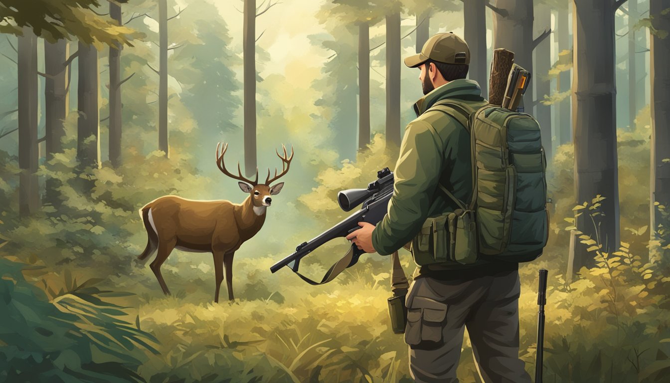 A hunter standing in a dense forest, aiming a rifle at a deer in a clearing. In the background, a sign marks the boundary between public and private land