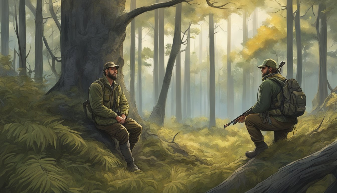 A hunter silently waits in a tree stand in a dense forest, while another hunter patiently stalks through an open field on private land