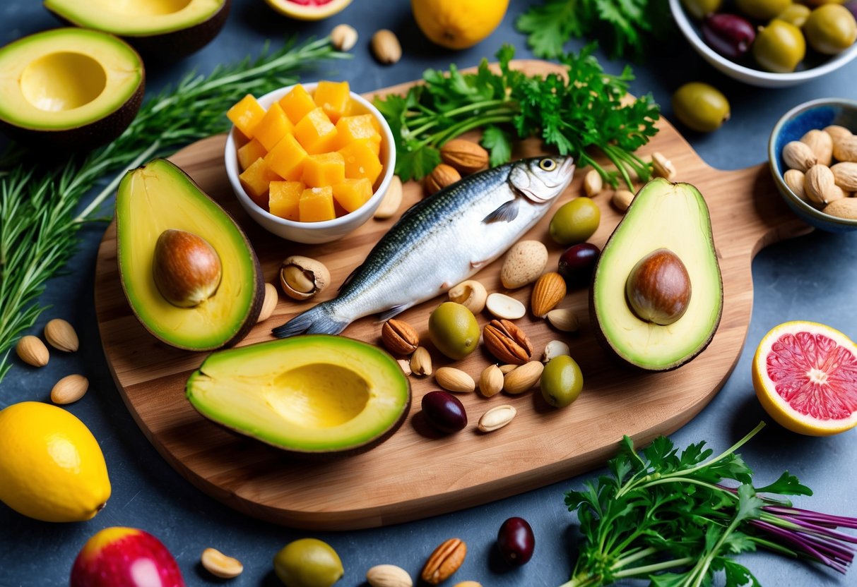 Eine bunte Auswahl an Avocados, Nüssen, Oliven und Fisch auf einem Holzschneidebrett. Umgeben sind sie von frischen Kräutern und lebhaften Früchten.