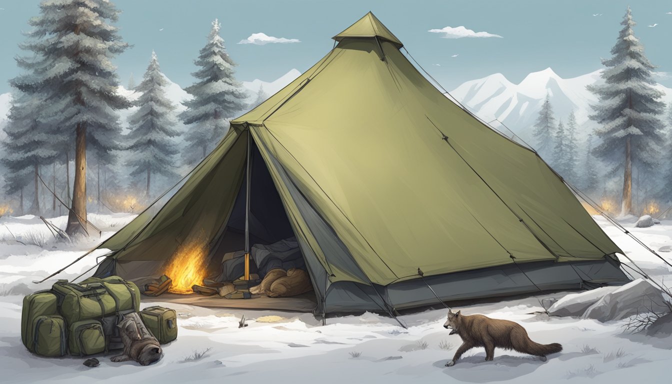 A hunter's tent collapsed under the weight of a large animal, scattering gear and causing chaos in the campsite