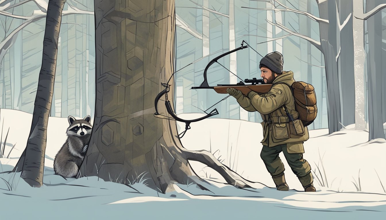 A hunter in camouflage crouches behind a tree, aiming a bow at a comically oversized target. Nearby, a raccoon steals arrows from a quiver