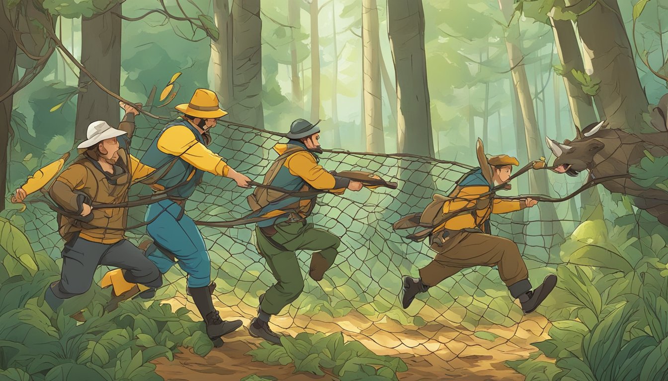 A group of hunters in a forest, one tangled in a net, another chased by a comical animal, and a third slipping on a banana peel