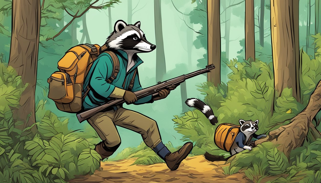 A comical hunting mishap in a forest: a hunter tangled in a tree, while a mischievous raccoon steals his gear